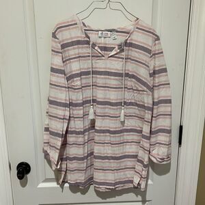 Denim&Co Denim + Company pink purple white Striped Tunic Top with tie neckline